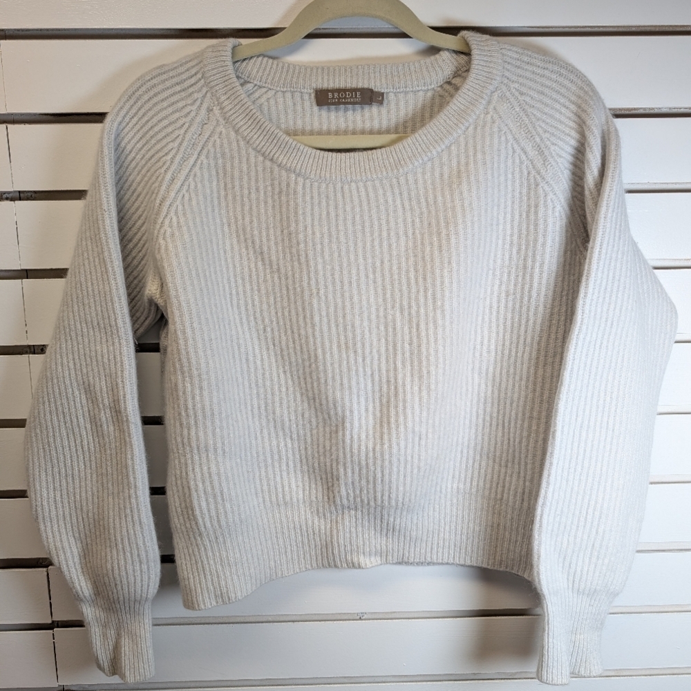 Brodie Fine Cashmere Shaker Knit Cropped Crewneck Sweater Size Large EUC